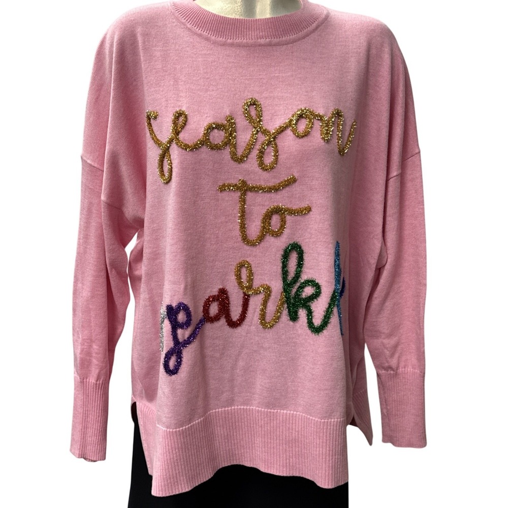 Mud Pie Pink Sequin Season to Sparkle Crewneck Sweater‎ One Size